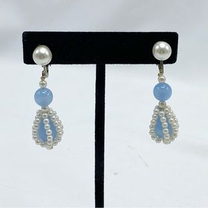 Vintage Pastel Blue and Pearl Drop Clip On Earrings
